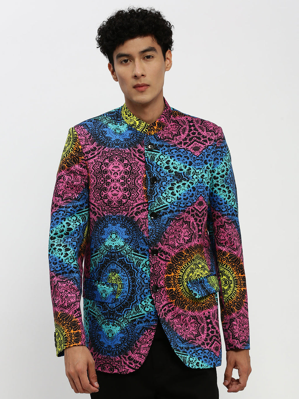 Men's Pink Printed Bandhgala Slim Fit Blazer