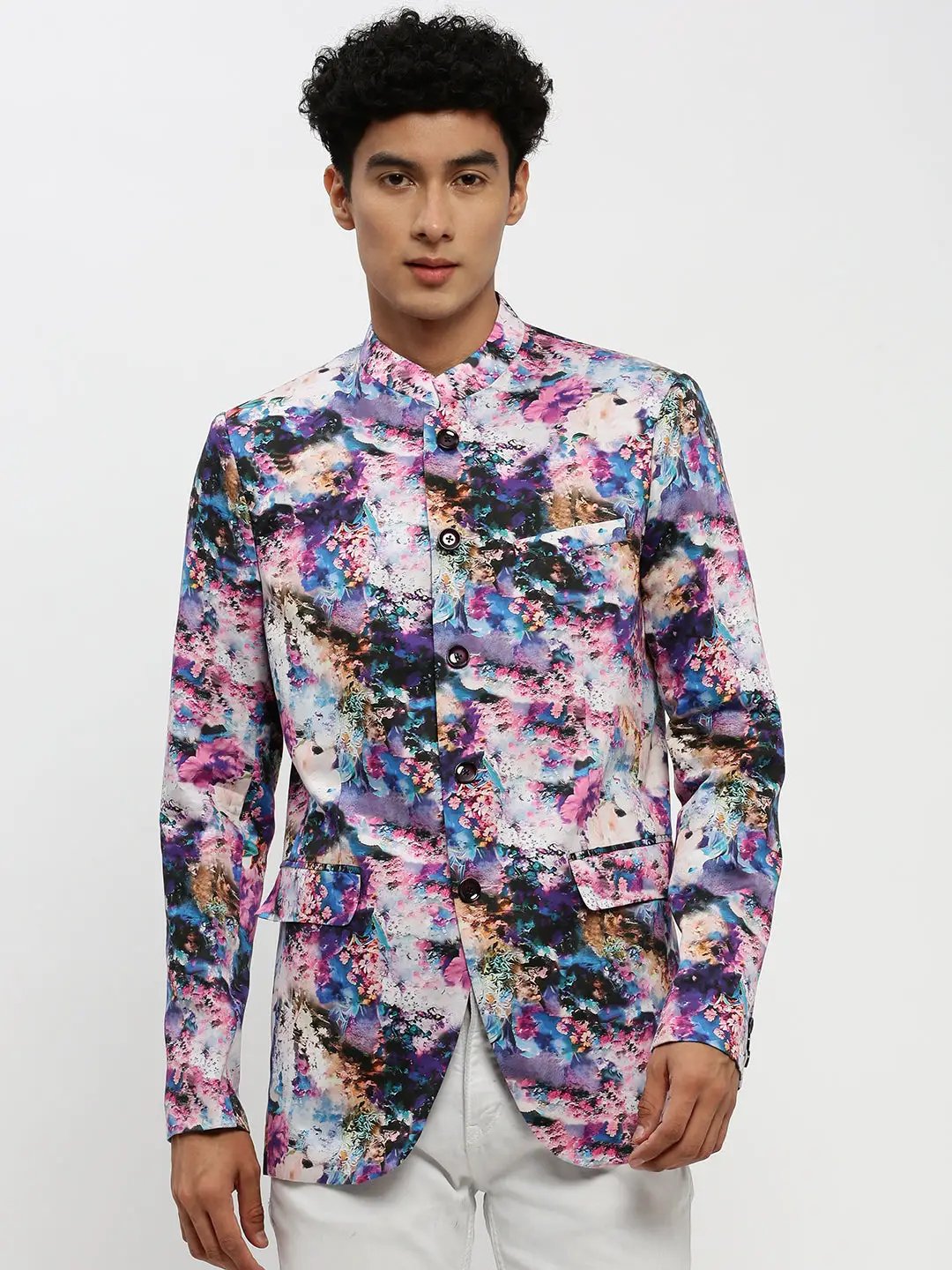 Men's Multi Floral Printed Bandhgala Slim Fit Blazer