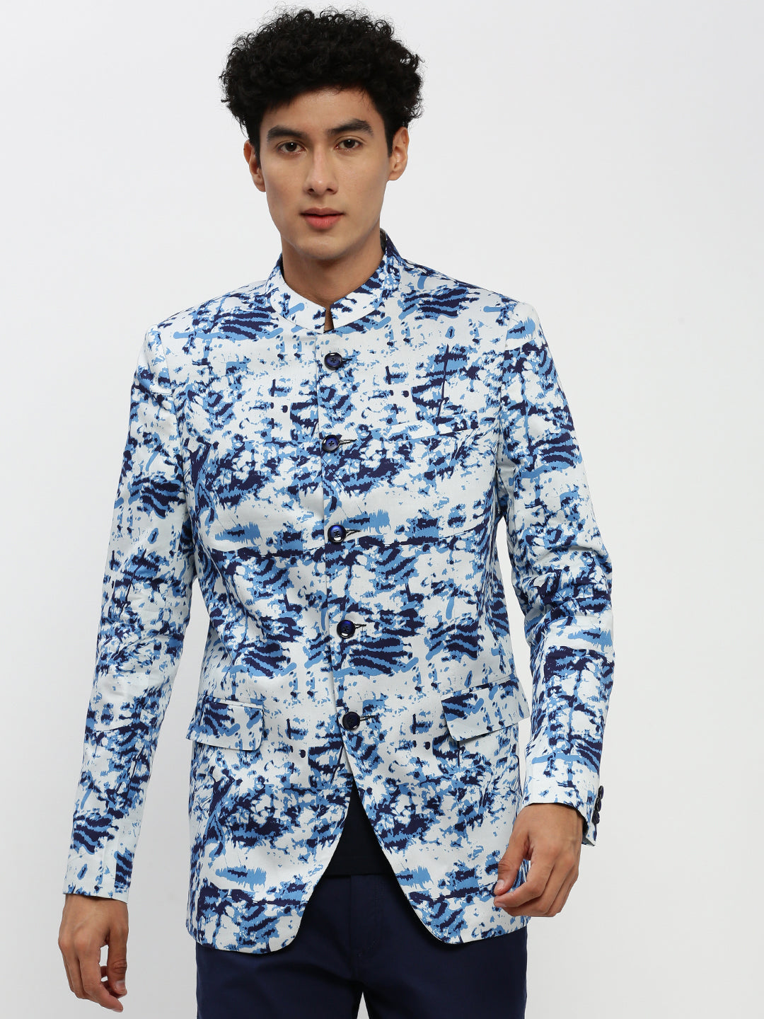 Men's White Printed Mandarin Collar Bandhgala Slim-Fit Blazer