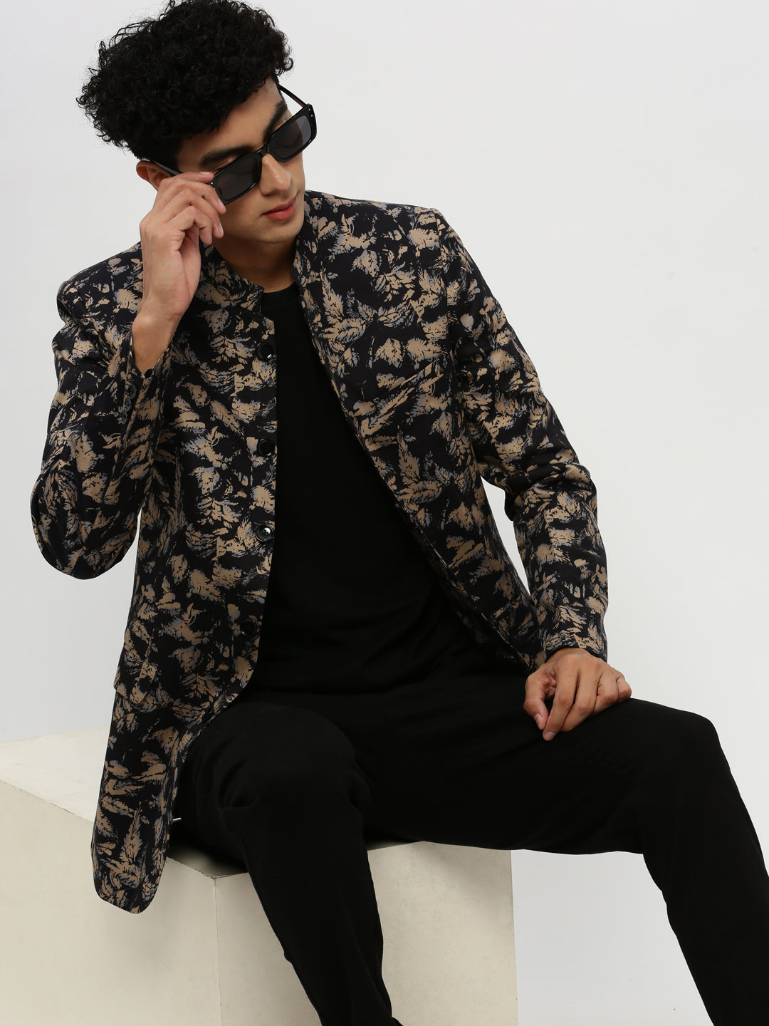 Men's Black Printed Bandhgala Slim Fit Blazer