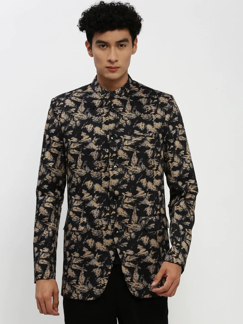 Men's Black Printed Bandhgala Slim Fit Blazer