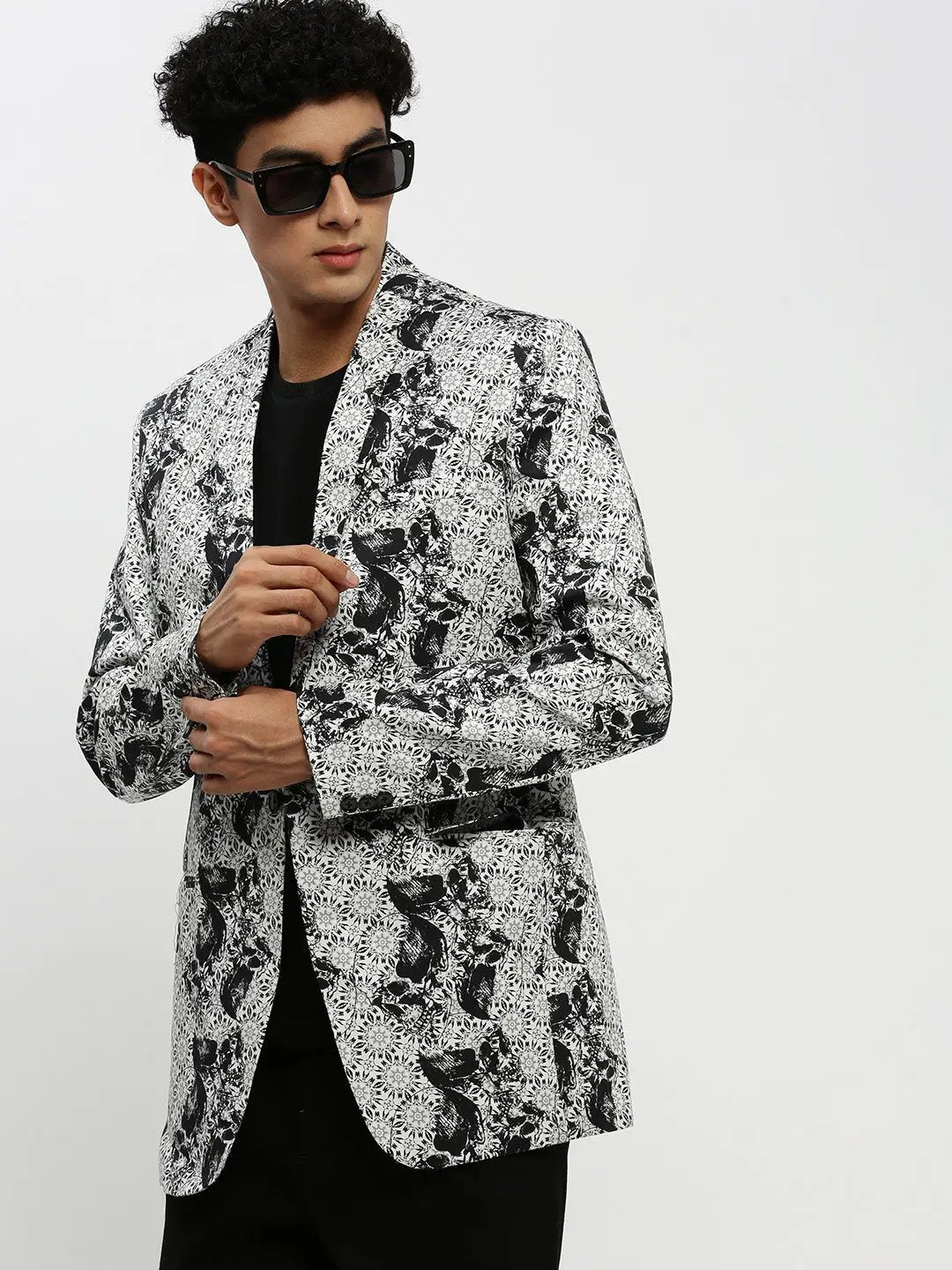 Men's White Printed Notched Lapel Single Breasted Slim Fit Blazer