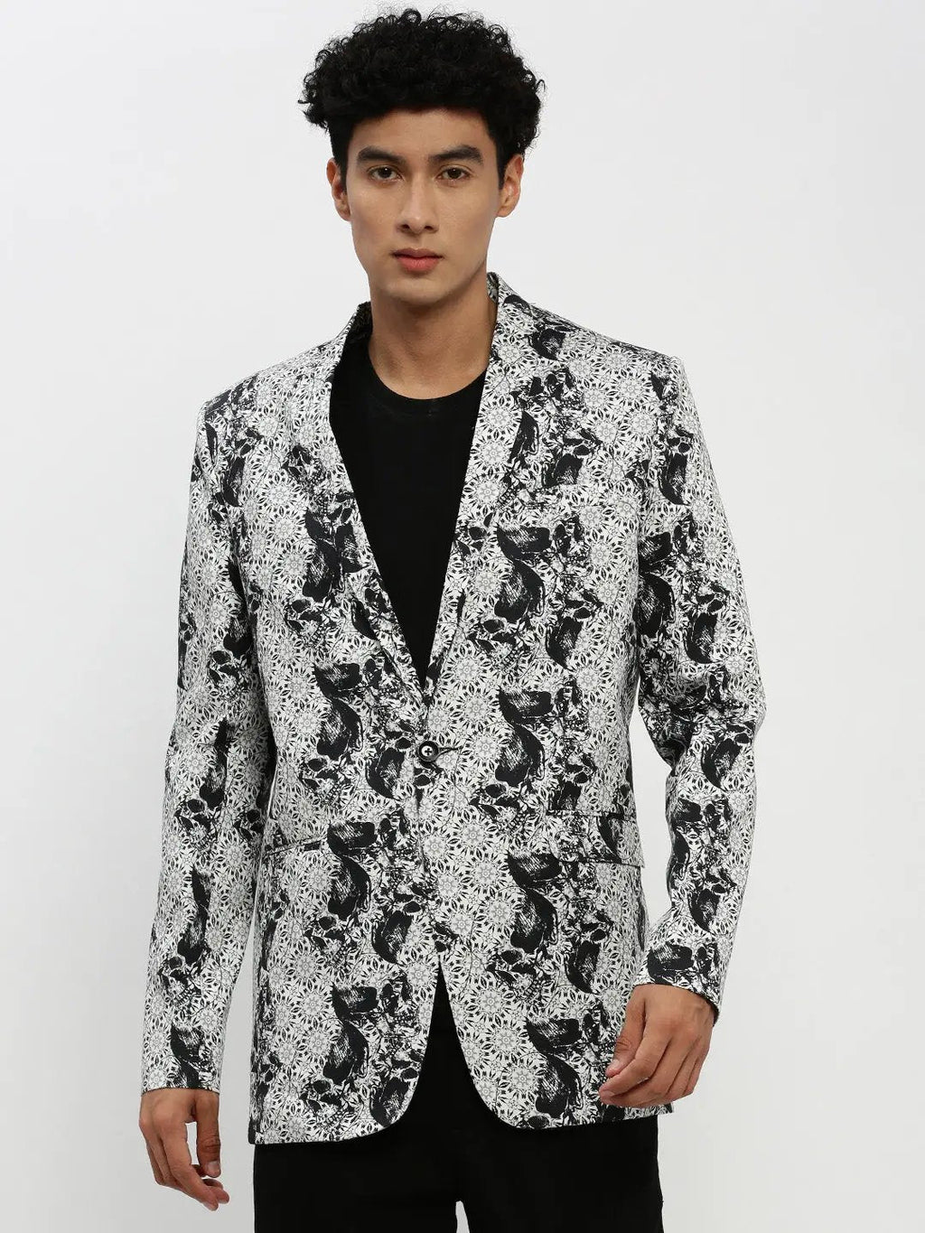 Men's White Printed Notched Lapel Single Breasted Slim Fit Blazer