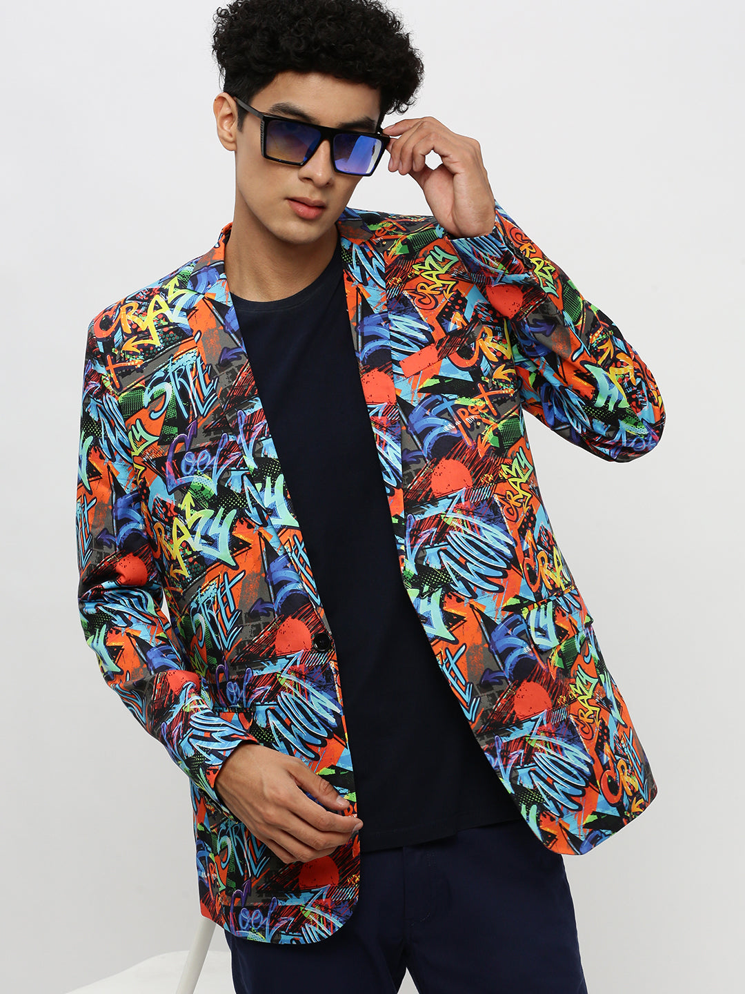 Men's Orange Printed Single Breasted Slim Fit Blazer