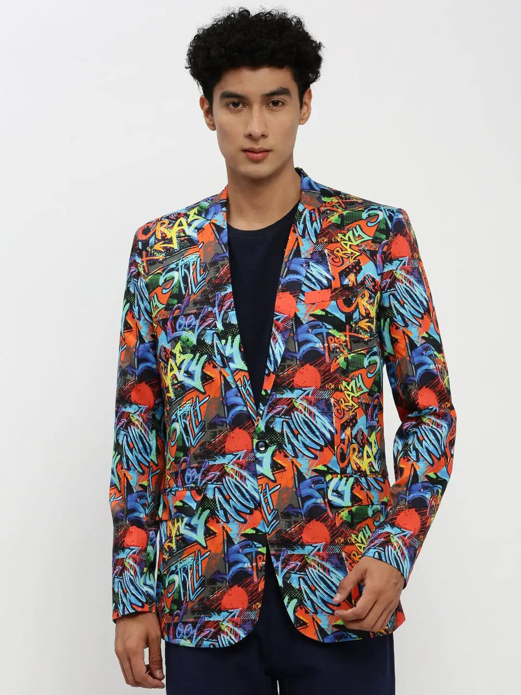 Men's Orange Printed Single Breasted Slim Fit Blazer