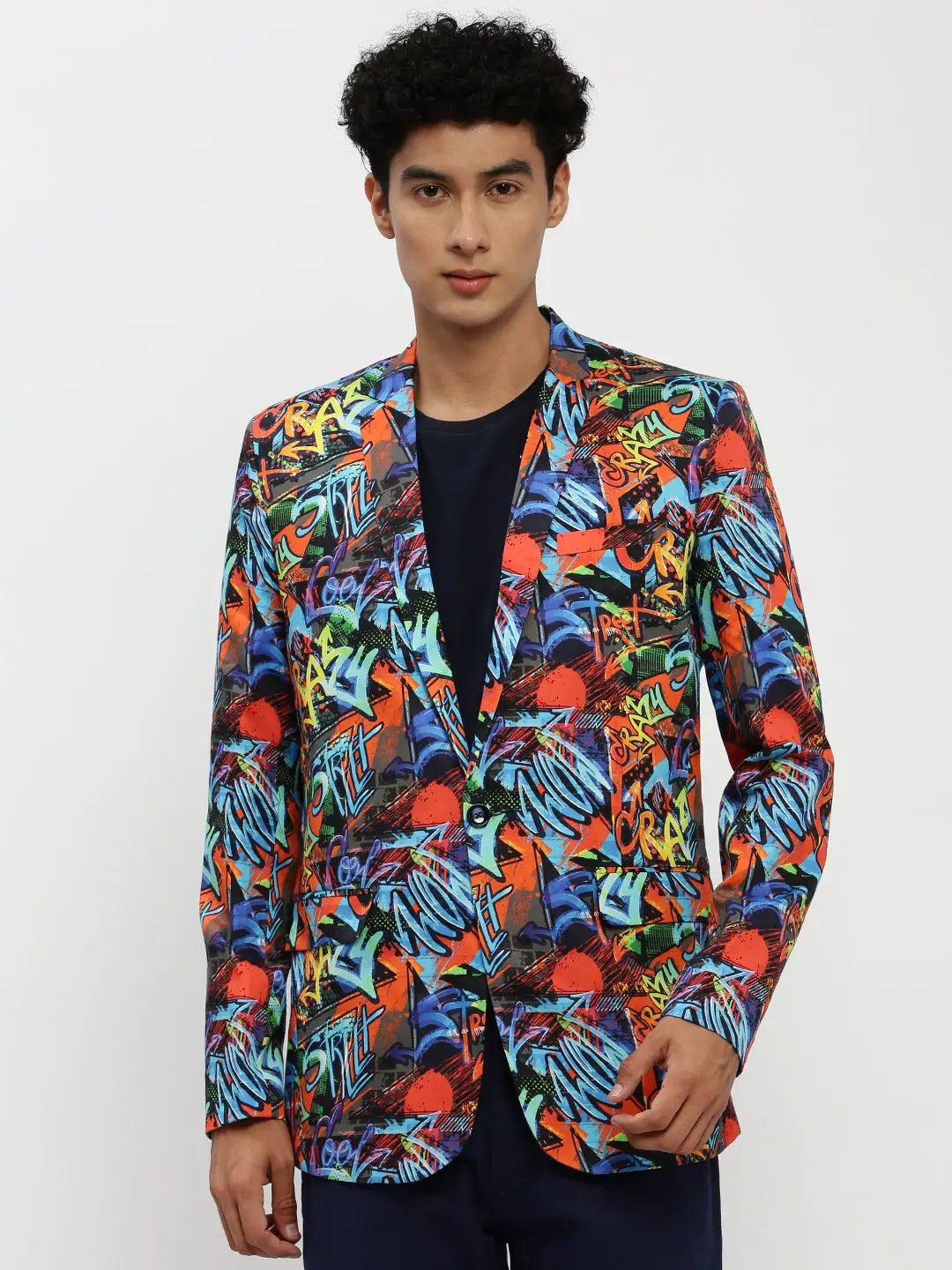Men's Orange Printed Single Breasted Slim Fit Blazer