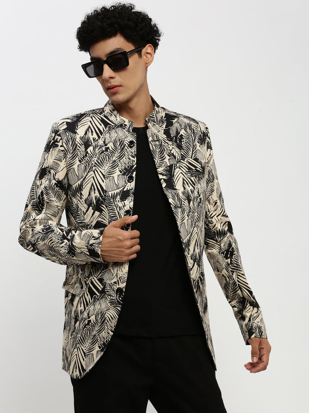Men's Beige Printed Bandhgala Slim Fit Blazer