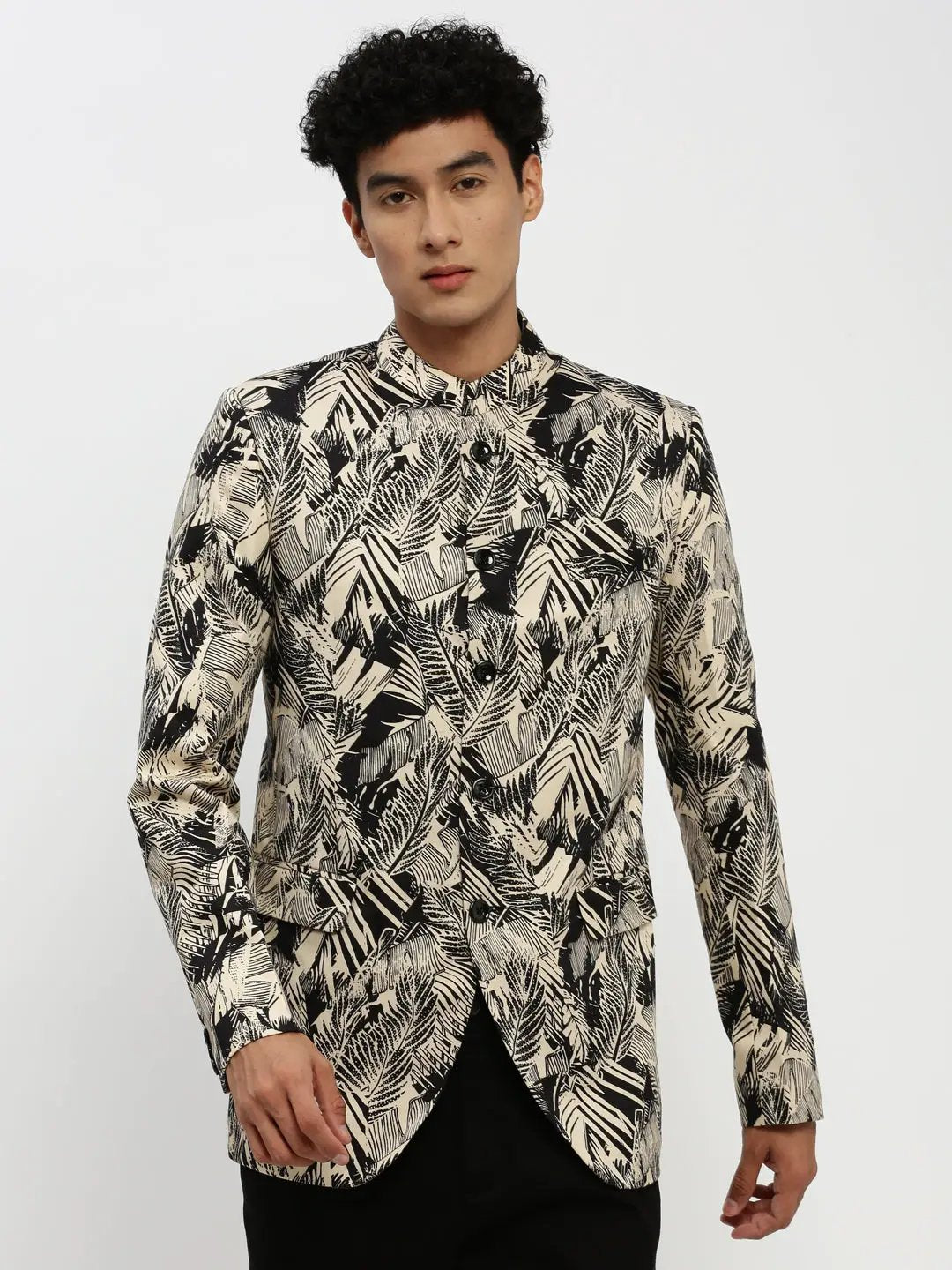 Men's Beige Printed Bandhgala Slim Fit Blazer
