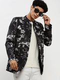 Men's Black Floral Printed Bandhgala Slim Fit Blazer