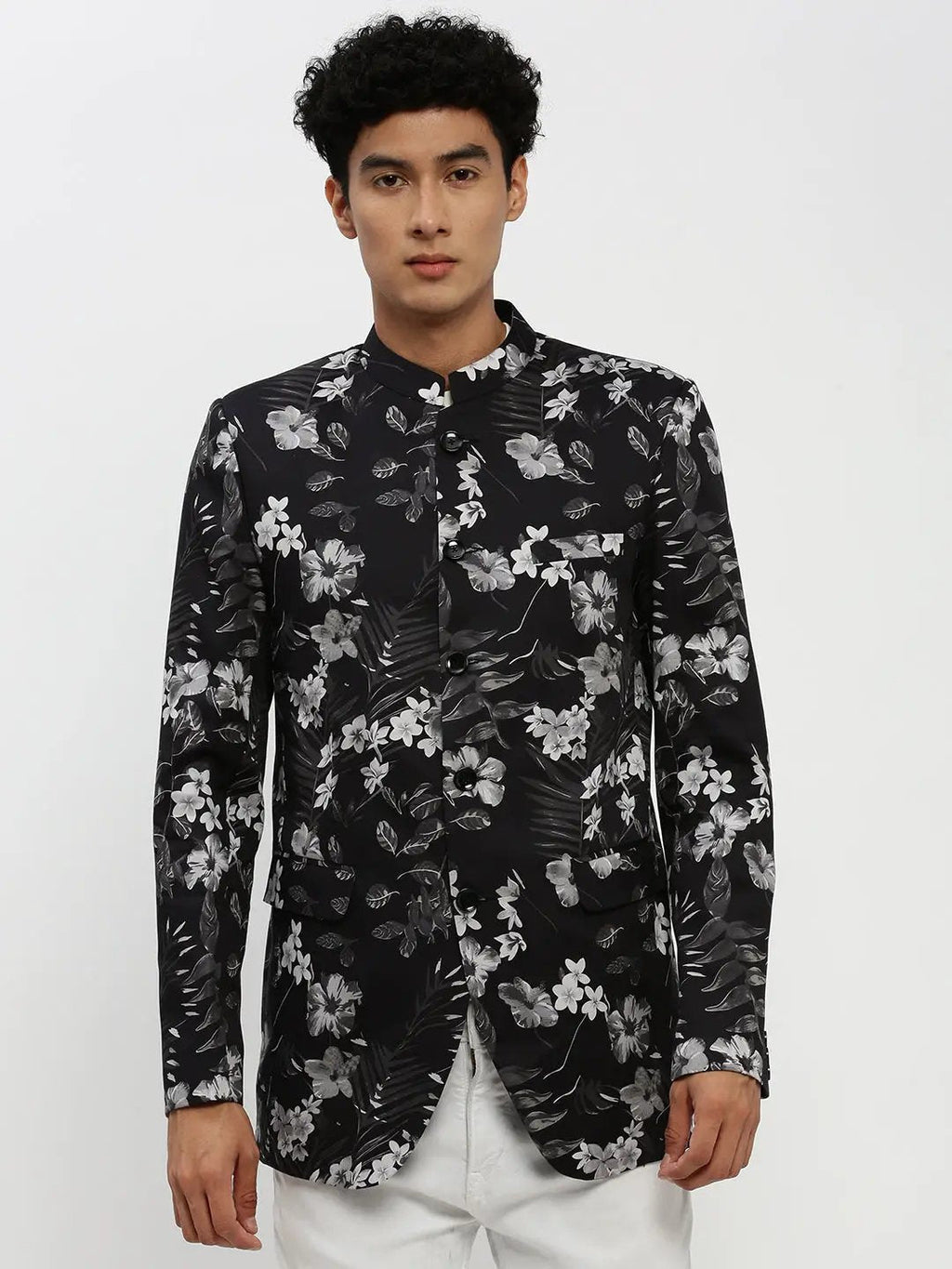Men's Black Floral Printed Bandhgala Slim Fit Blazer
