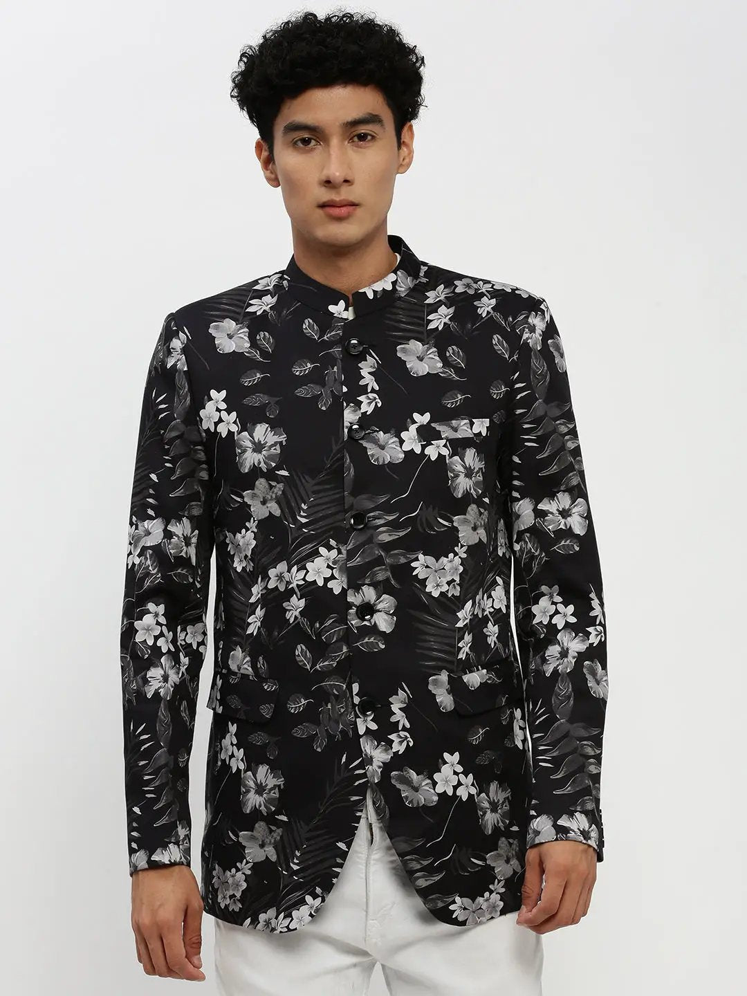 Men's Black Floral Printed Bandhgala Slim Fit Blazer