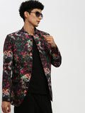 Men's Black Printed Bandhgala Slim Fit Blazer