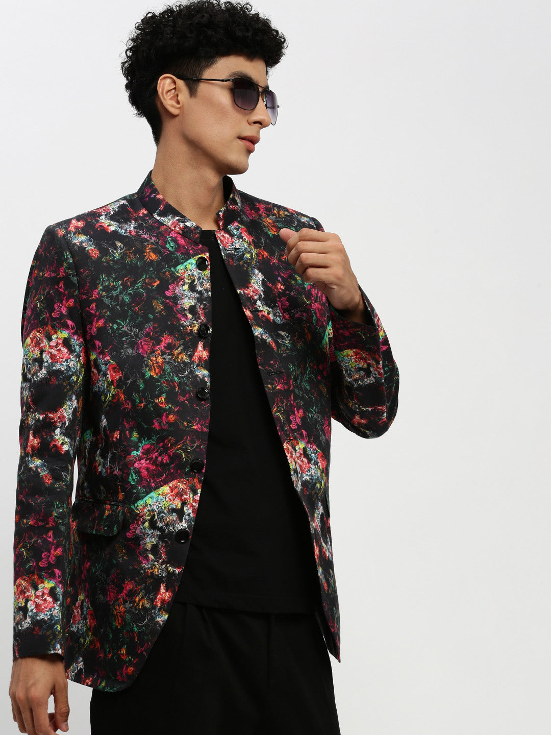 Men's Black Printed Bandhgala Slim Fit Blazer