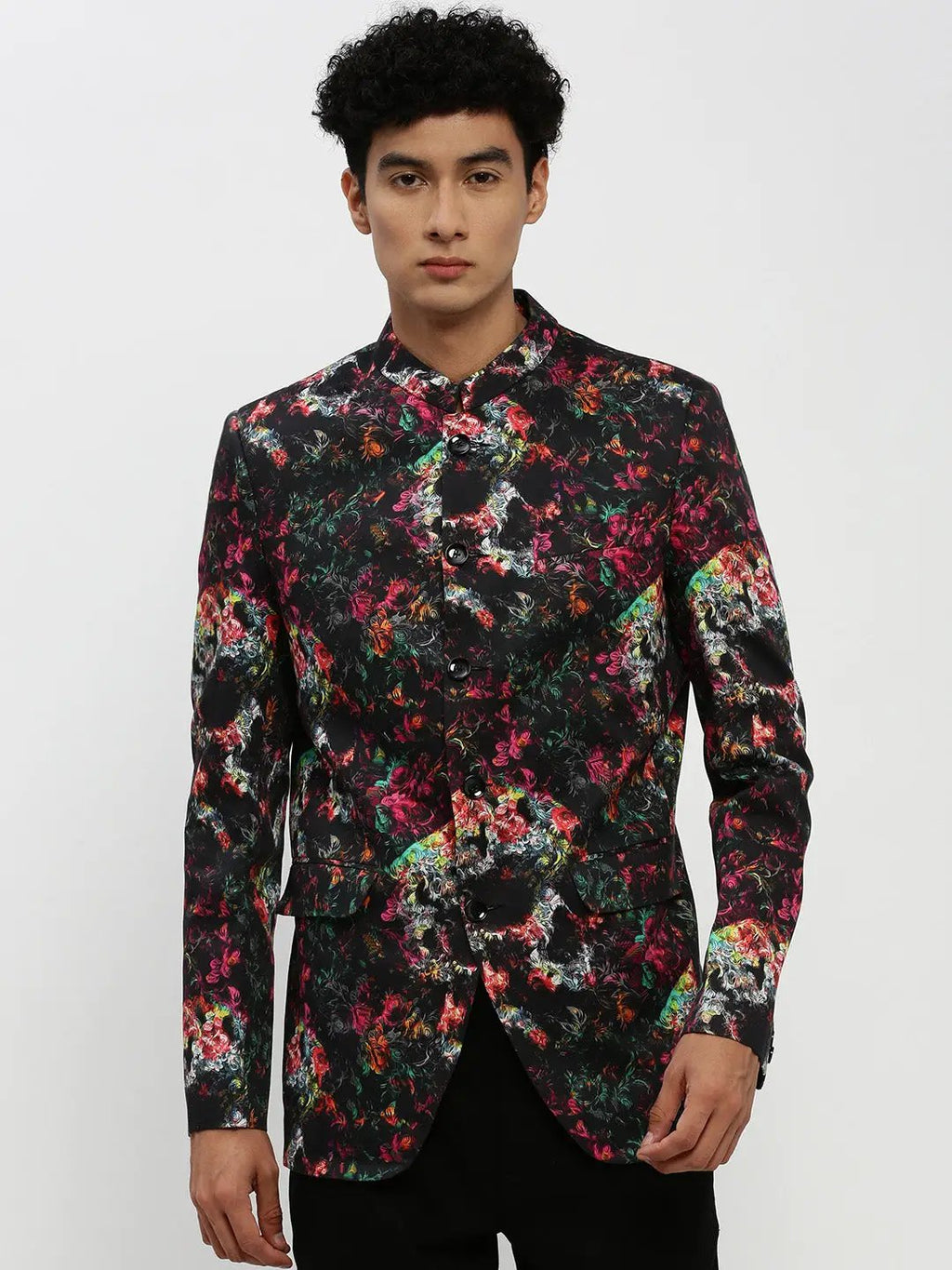 Men's Black Printed Bandhgala Slim Fit Blazer