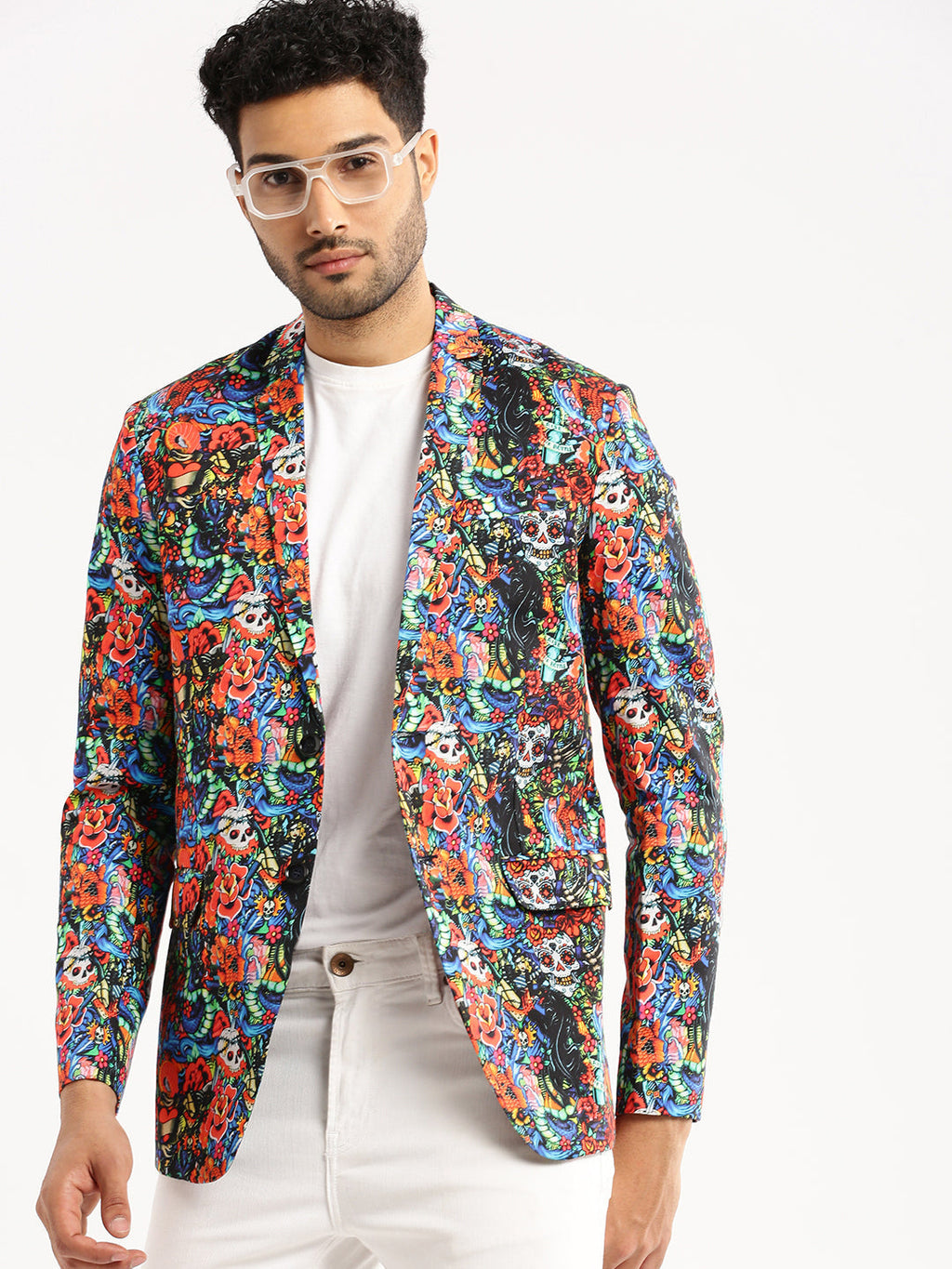 Men's Multi Printed Notched Lapel Slim-Fit Single-Breasted Blazer