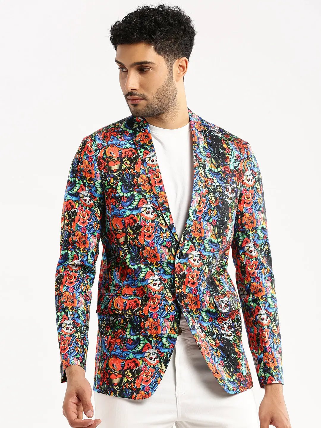 Men's Multi Printed Notched Lapel Slim-Fit Single-Breasted Blazer