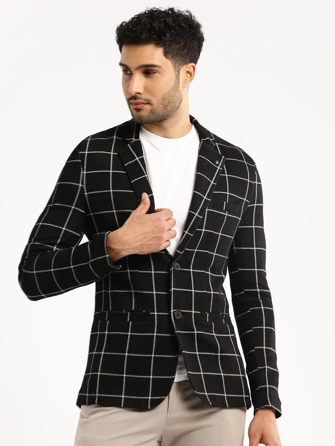 Men's Black Checked Notched Lapel Blazer