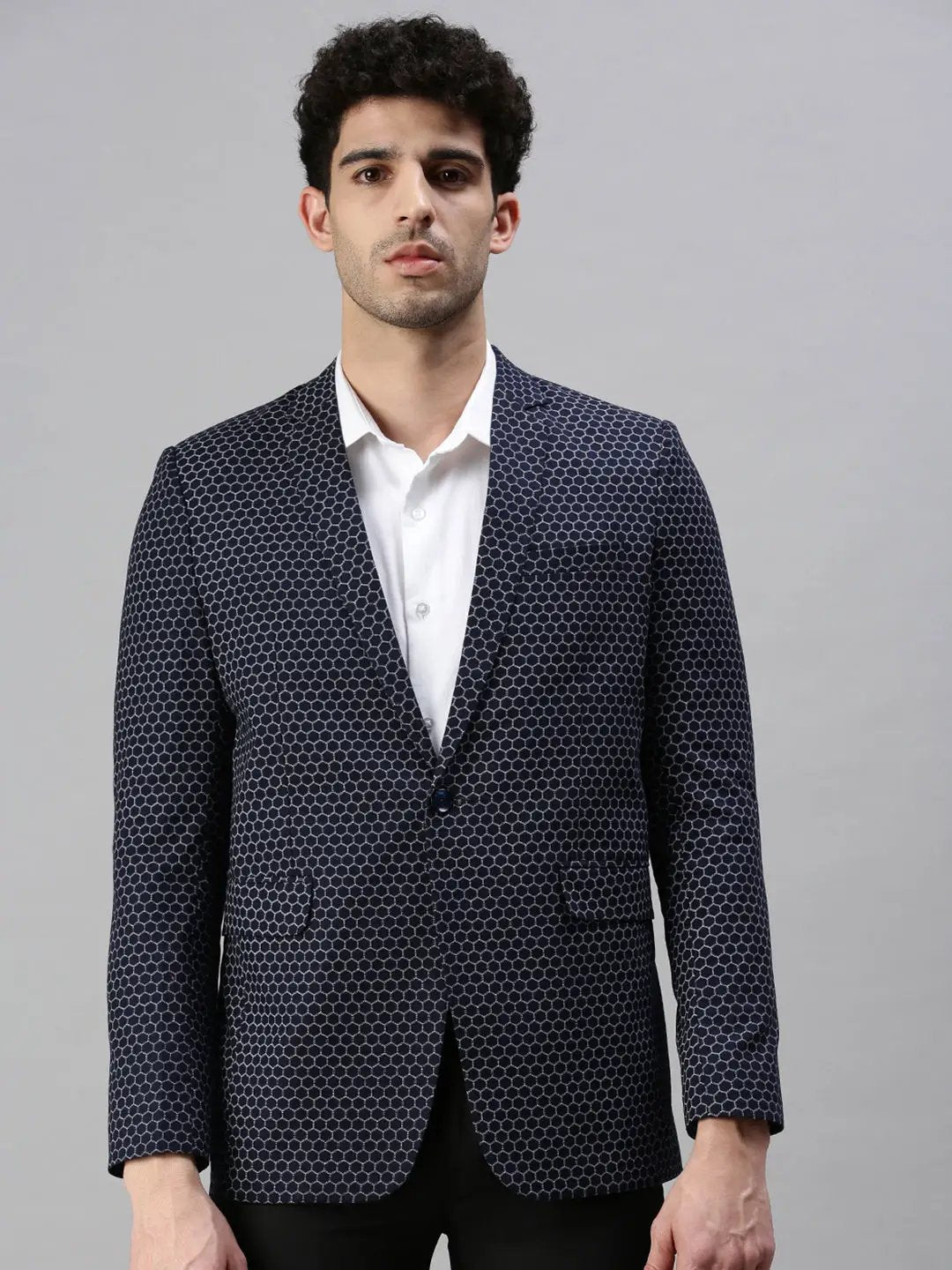 Men's Navy Blue Printed Single-Breasted Slim-Fit Casual Blazer