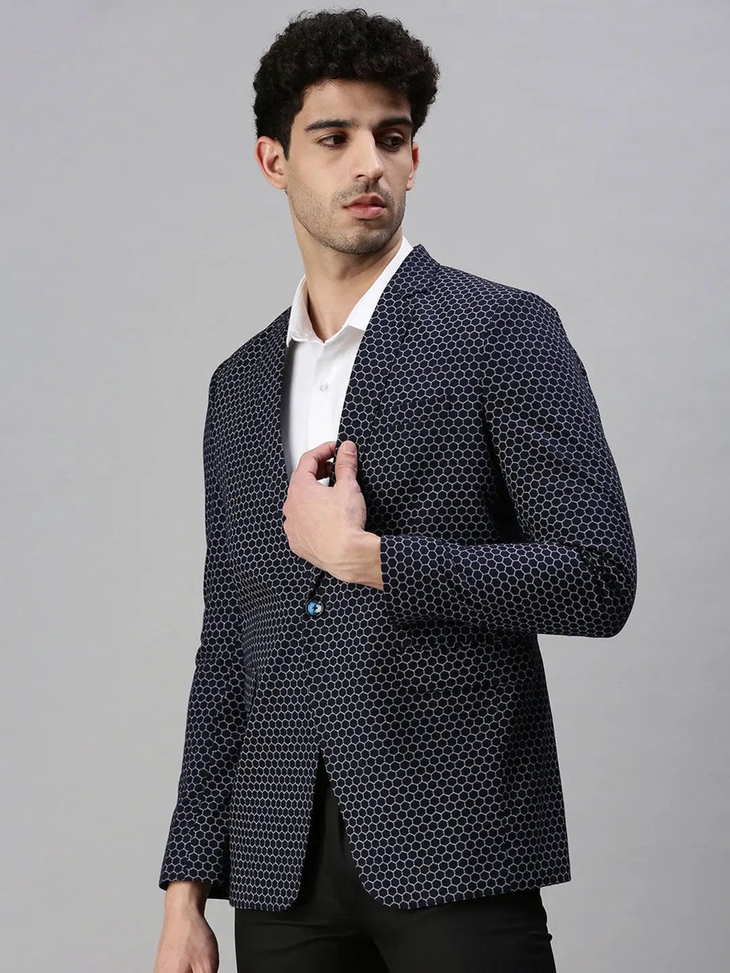 Men's Navy Blue Printed Single-Breasted Slim-Fit Casual Blazer