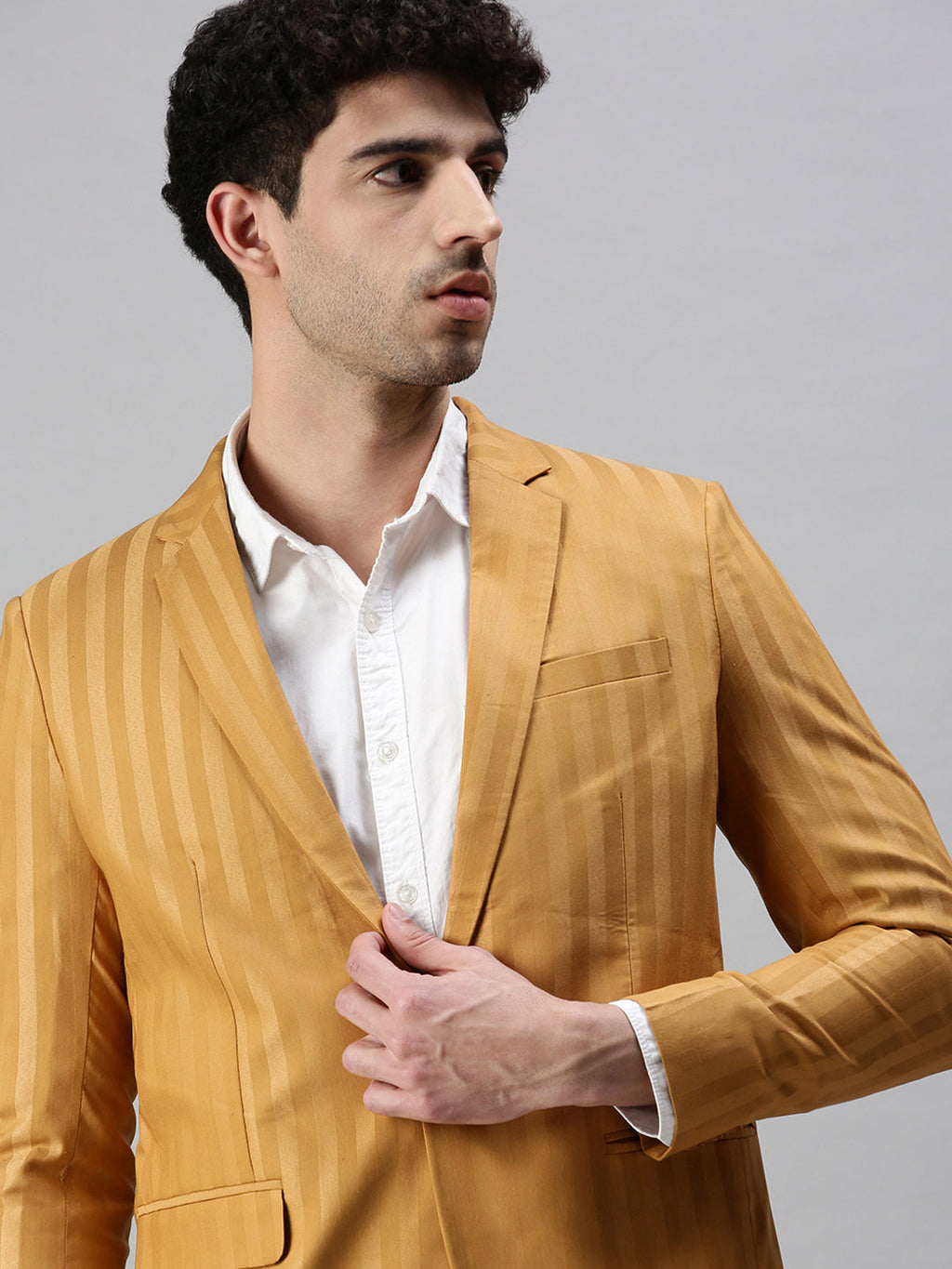 Men's Mustard Striped Slim-Fit Single-Breasted Blazer
