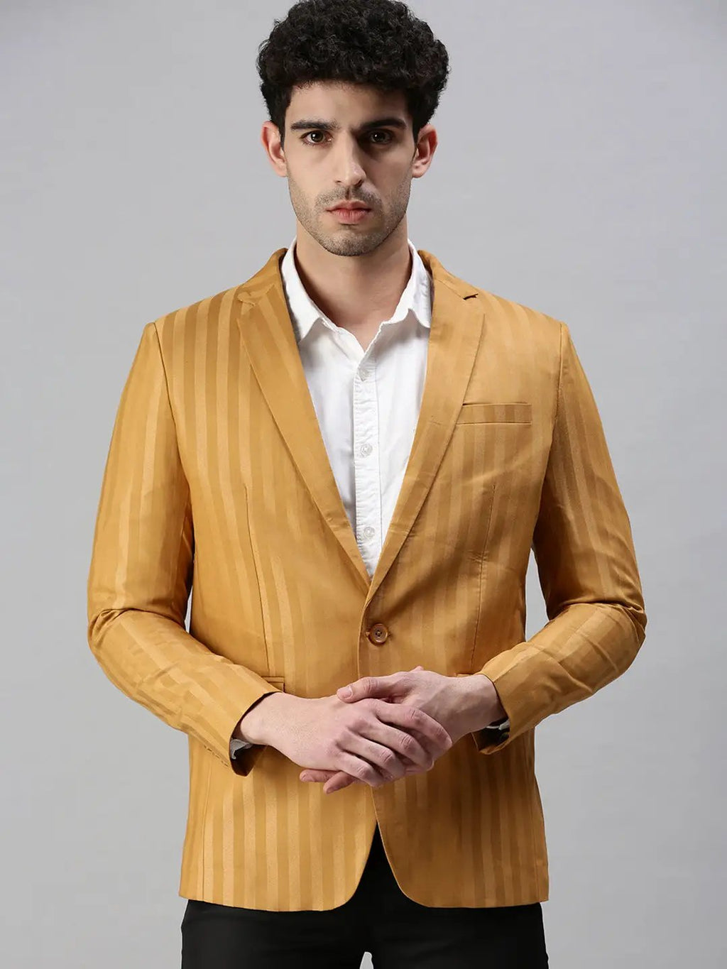 Men's Mustard Striped Slim-Fit Single-Breasted Blazer