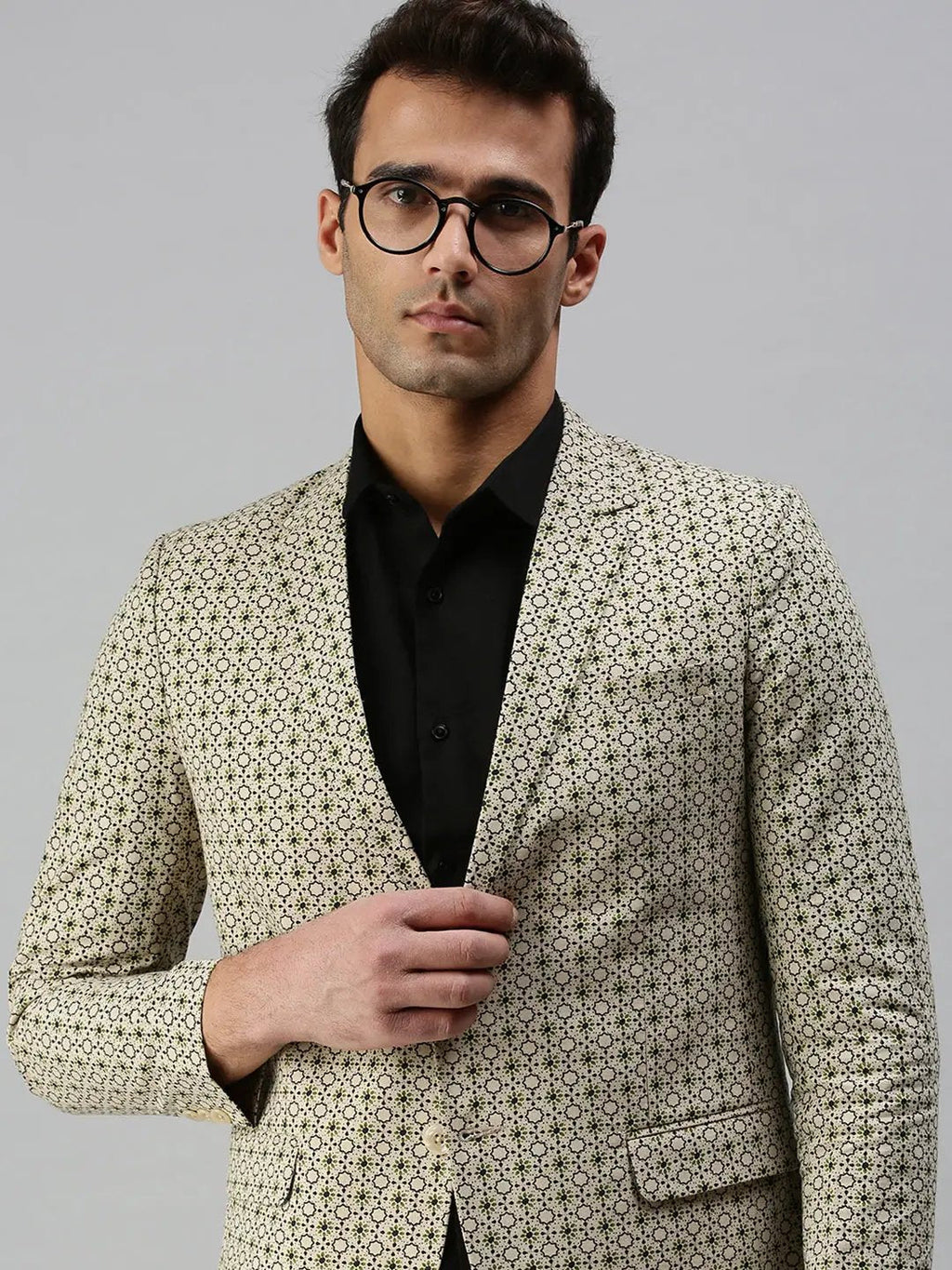 Men's Beige Printed Slim-Fit Single-Breasted Blazer