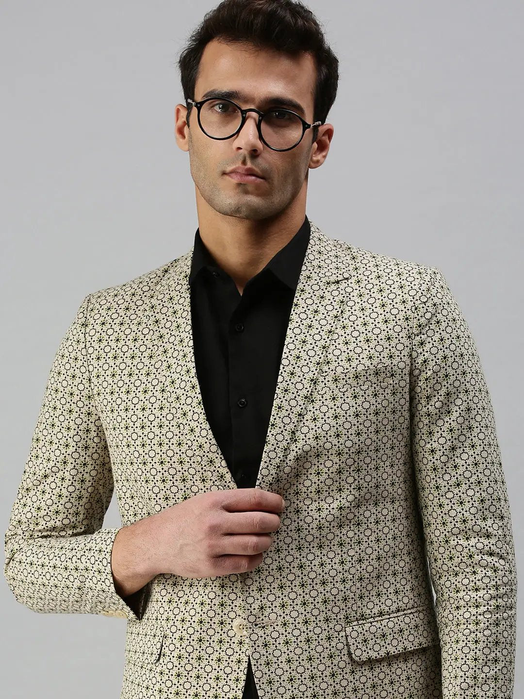 Men's Beige Printed Slim-Fit Single-Breasted Blazer