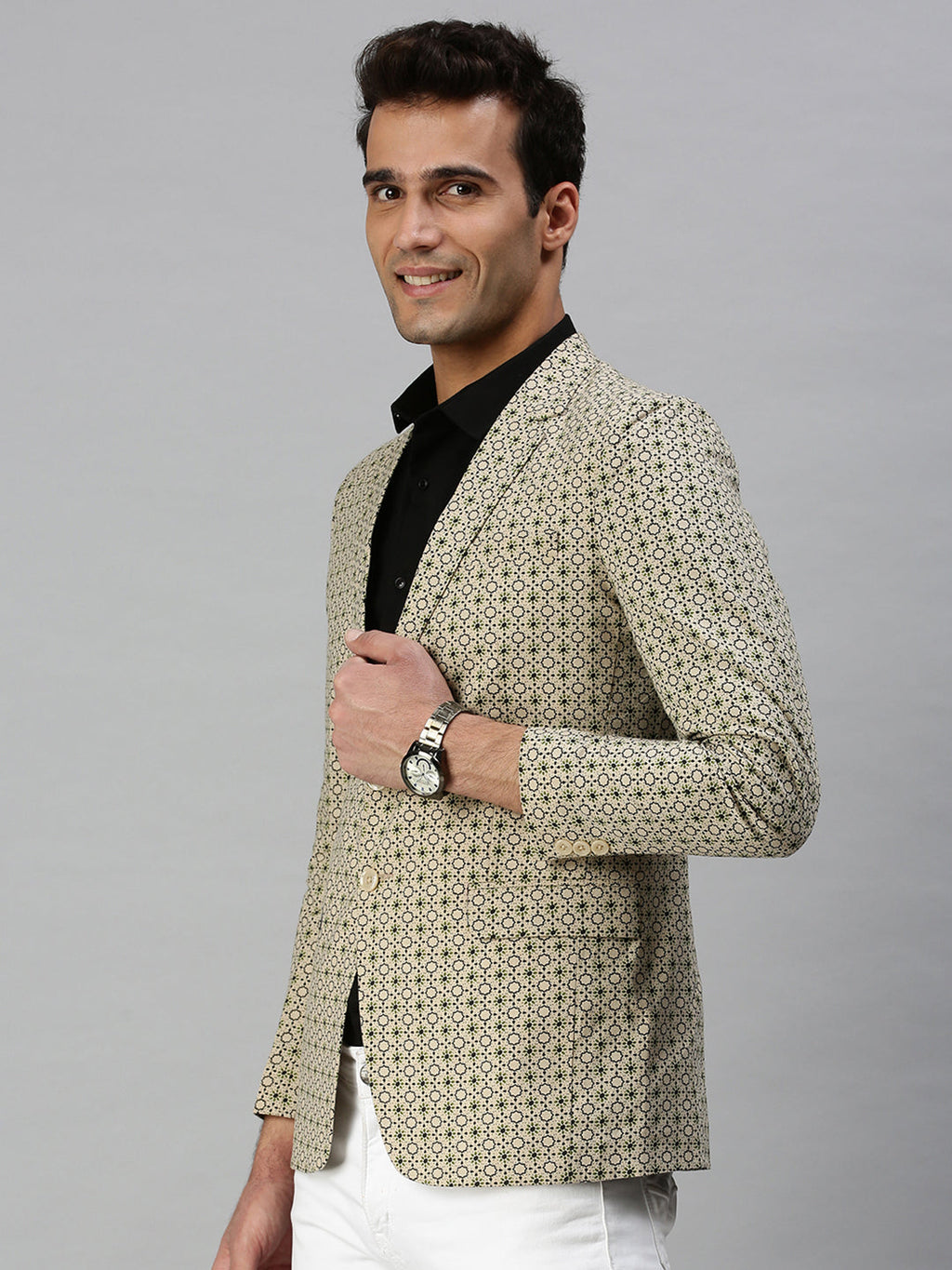 Men's Beige Printed Slim-Fit Single-Breasted Blazer