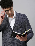 Men's Navy Blue Micro Ditsy Printed Single-Breasted Cotton Casual Blazers