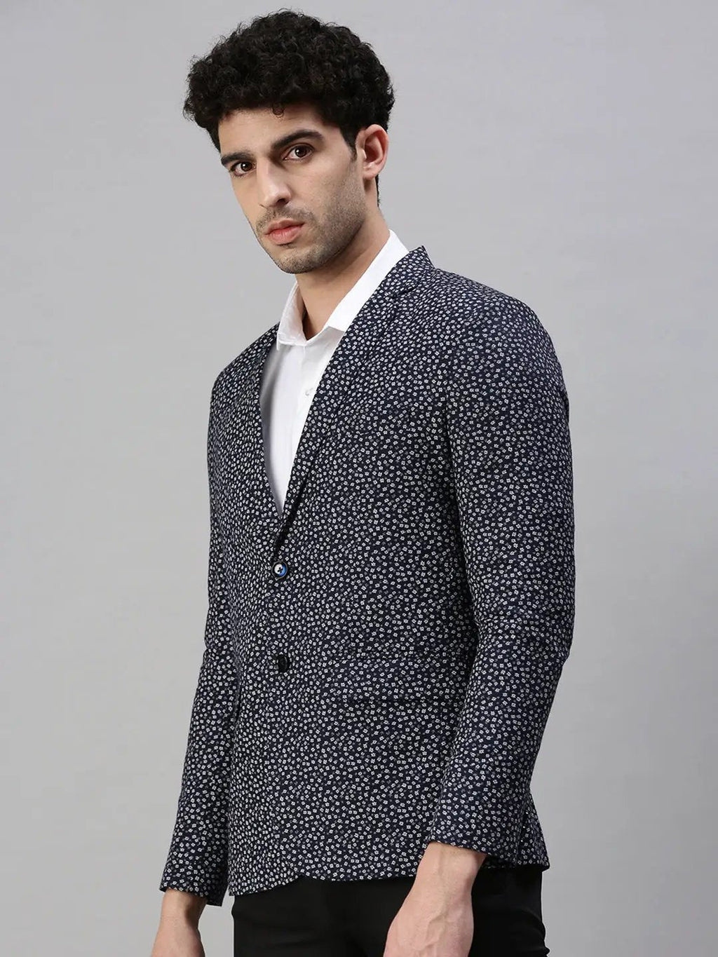 Men's Navy Blue Micro Ditsy Printed Single-Breasted Cotton Casual Blazers