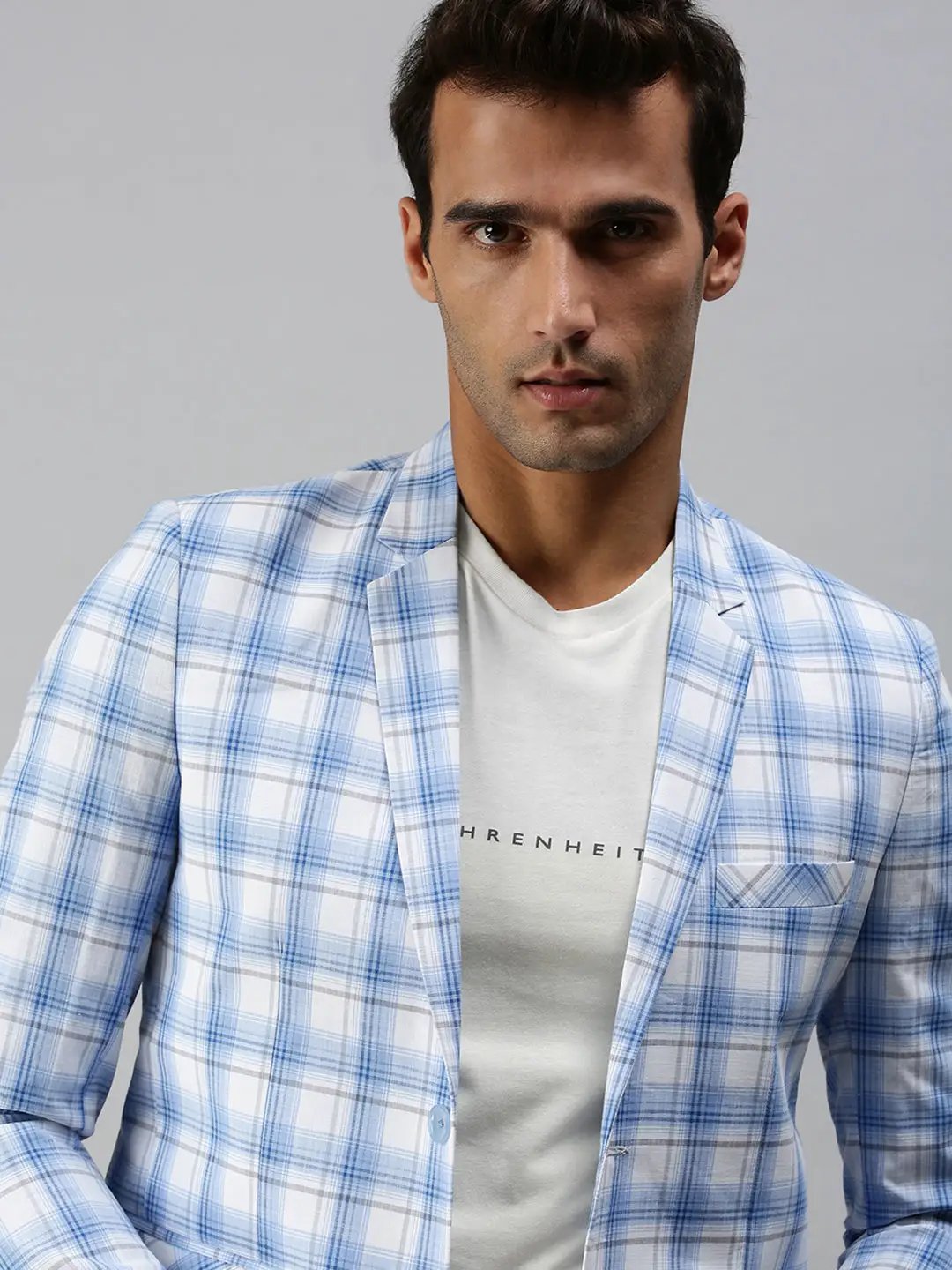 Men's White Checked Slim-Fit Single-Breasted Cotton Blend Casual Blazers