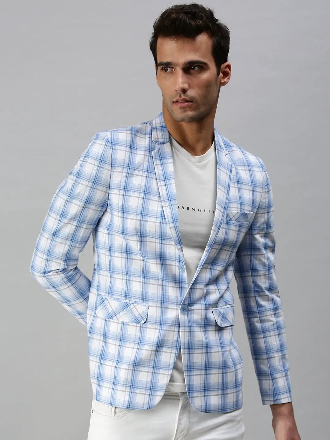 Men's White Checked Slim-Fit Single-Breasted Cotton Blend Casual Blazers