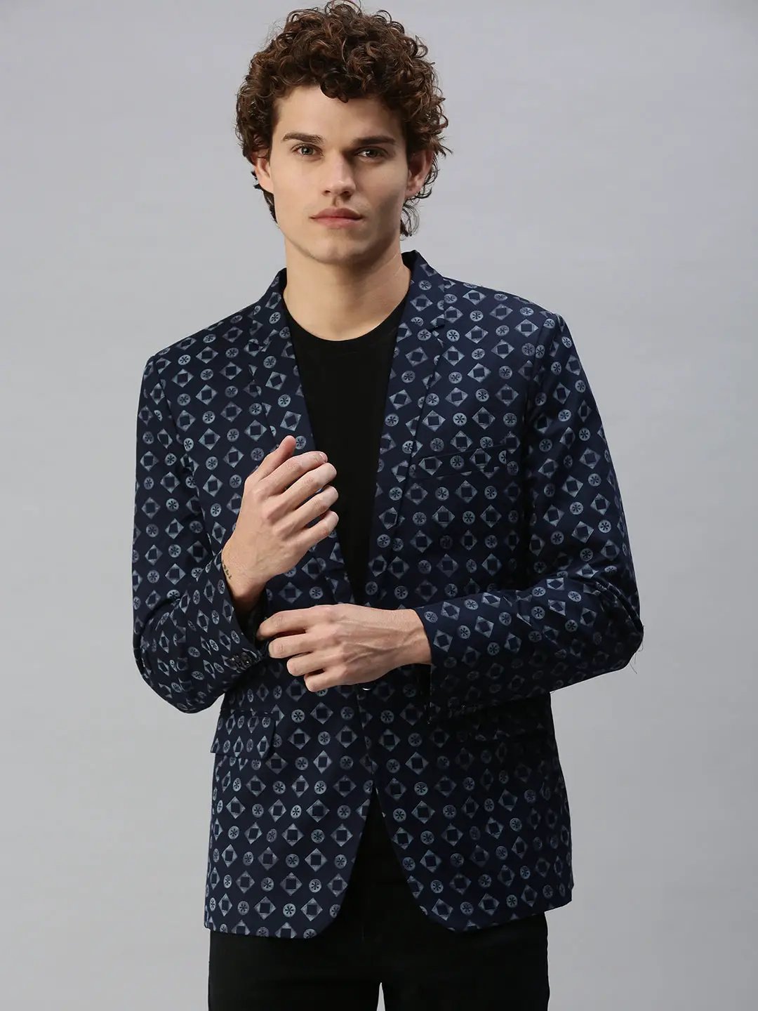 Men's Navy Blue Printed Single Breasted Blazer