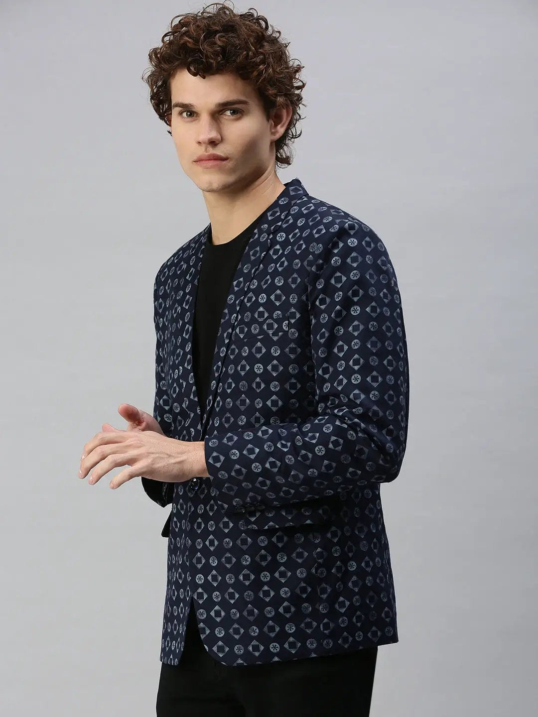 Men's Navy Blue Printed Single Breasted Blazer