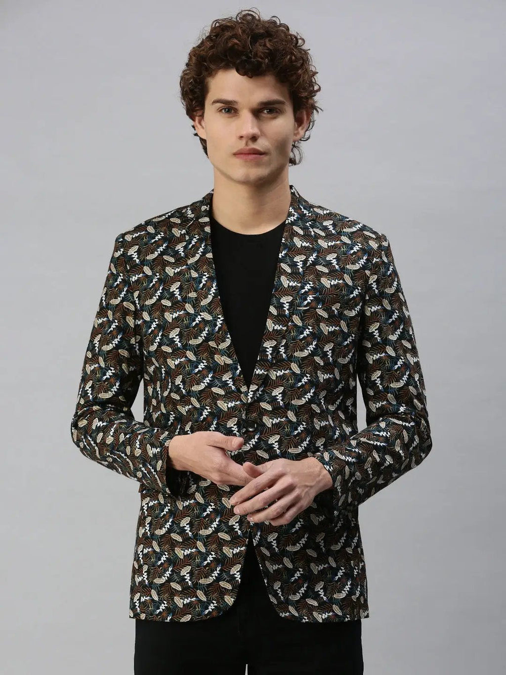 Men's Black Printed Single Breasted Slim Fit Blazer