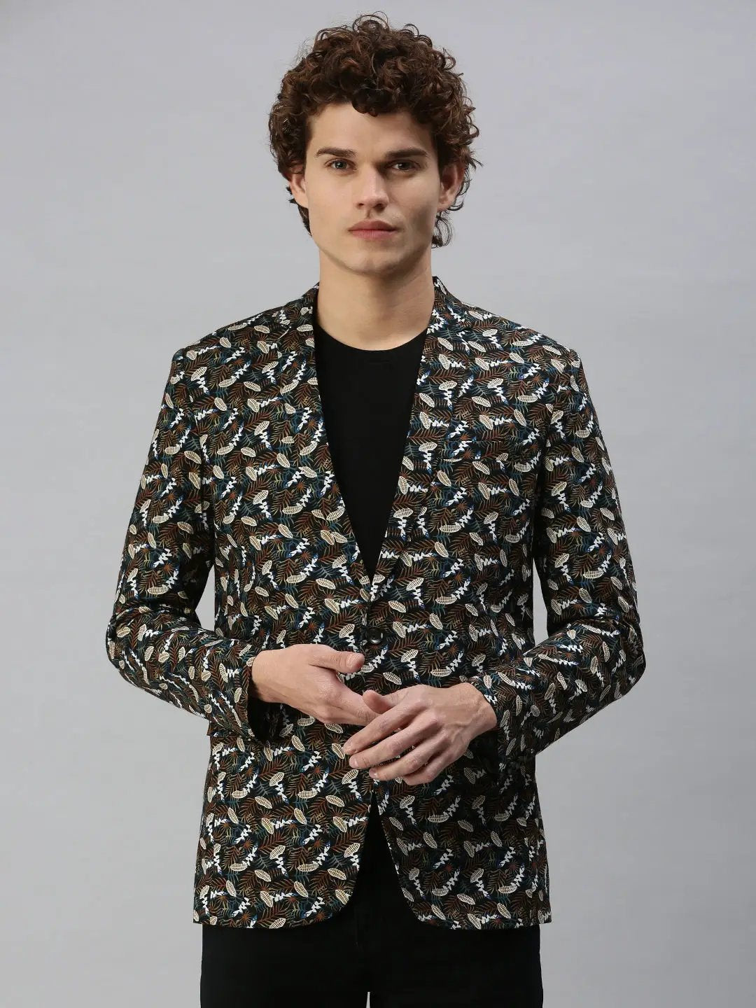 Men's Black Printed Single Breasted Slim Fit Blazer