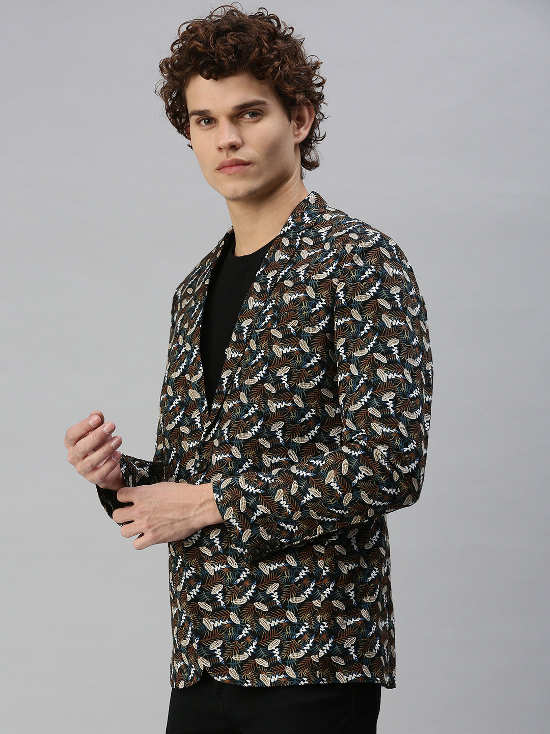 Men's Black Printed Single Breasted Slim Fit Blazer