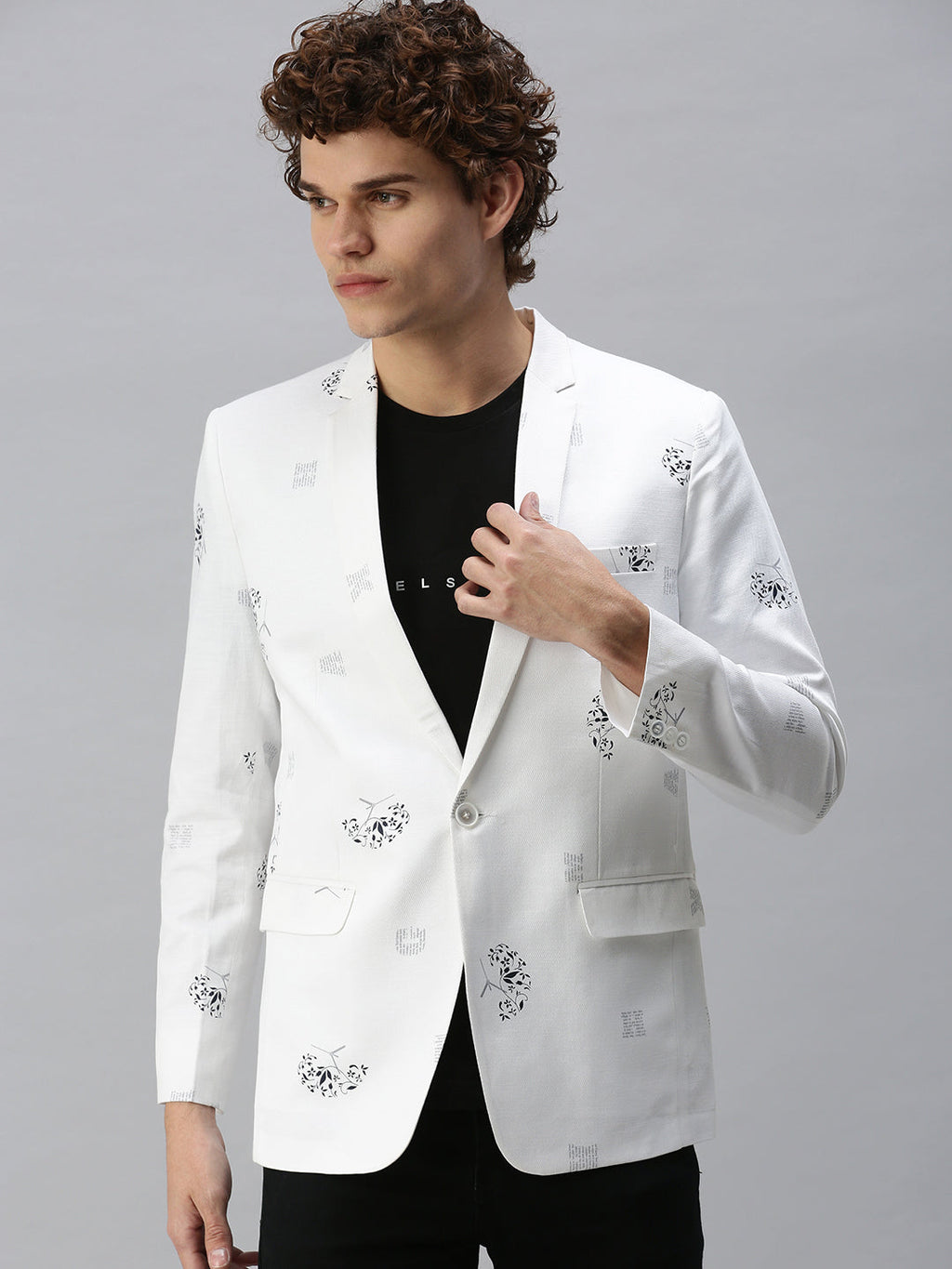Men's White Printed Single-Breasted Slim-Fit Blazer