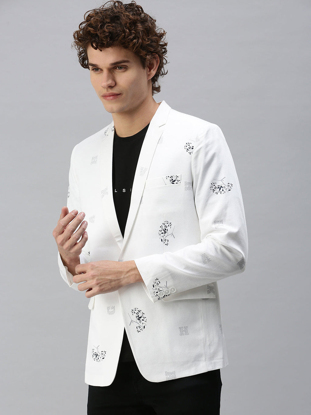 Men's White Printed Single-Breasted Slim-Fit Blazer