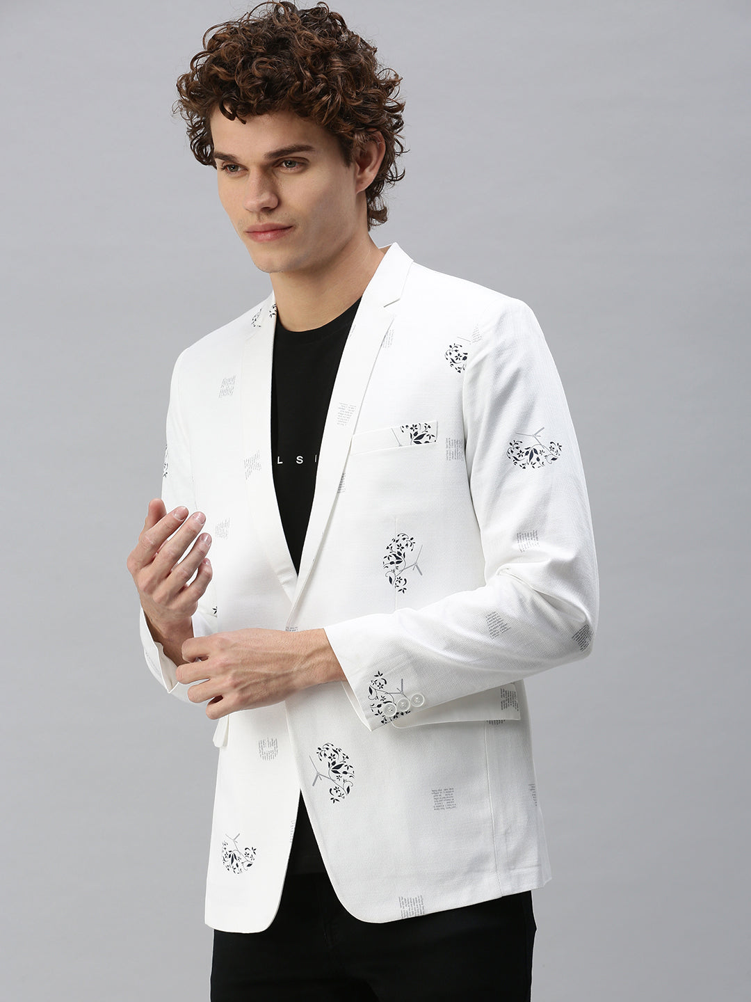 Men's White Printed Single-Breasted Slim-Fit Blazer