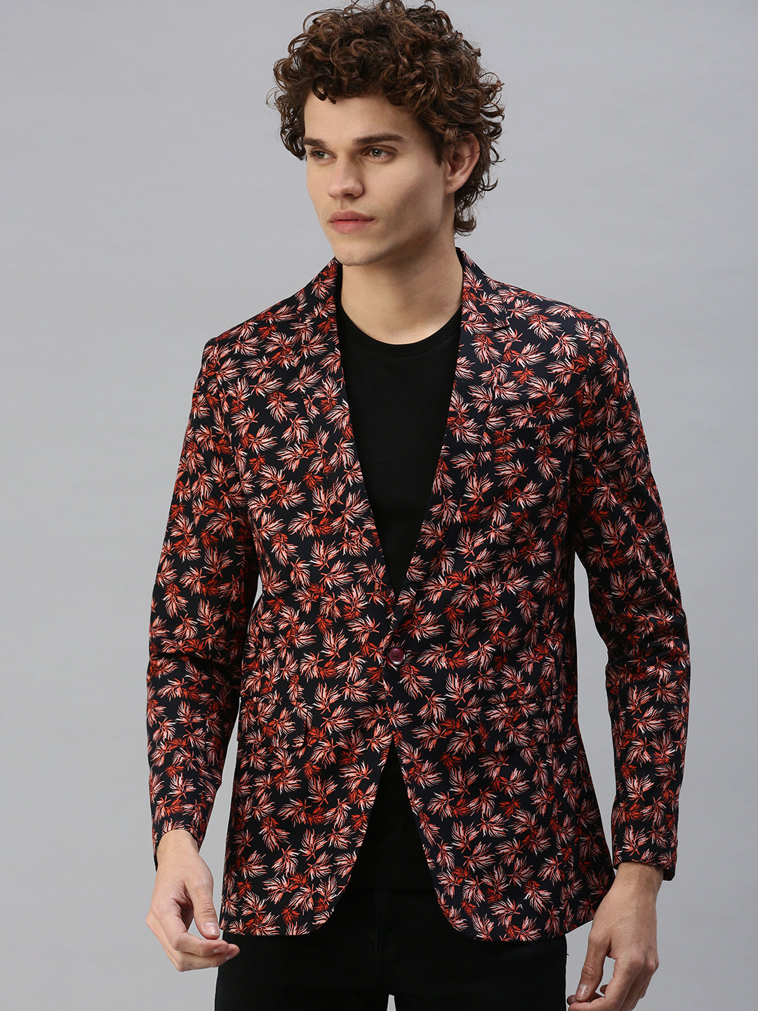 Men's Navy Blue Floral Print Single Breasted Blazer