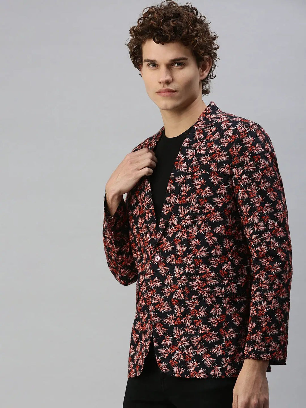 Men's Navy Blue Floral Print Single Breasted Blazer