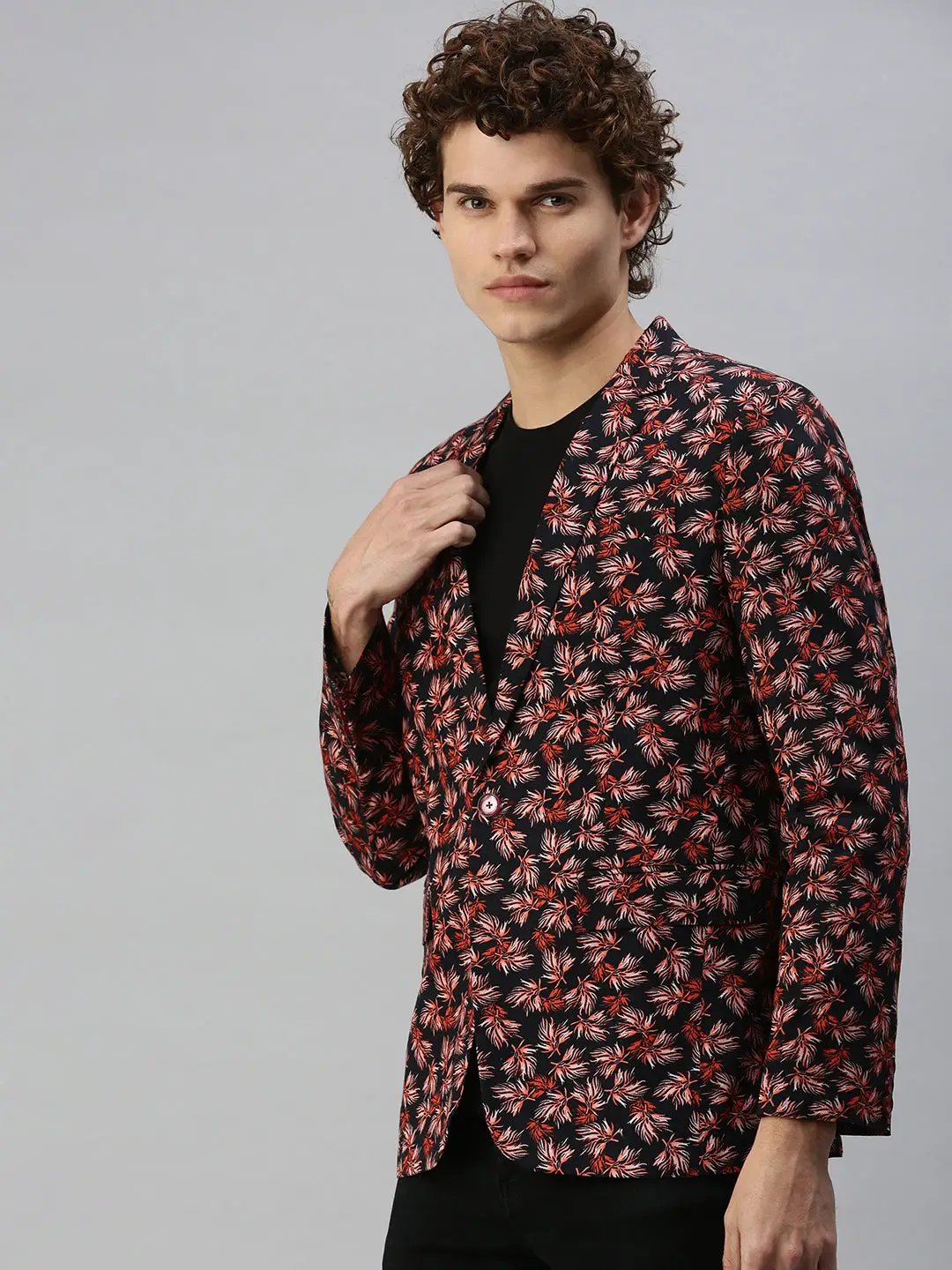Men's Navy Blue Floral Print Single Breasted Blazer