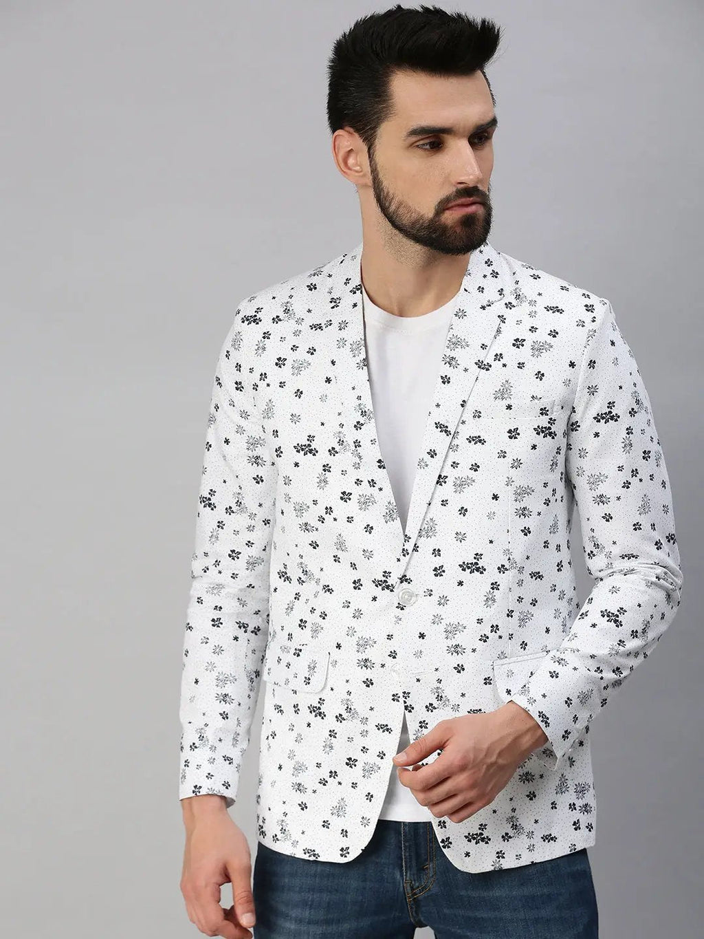 Men's White Printed Single-Breasted Party Blazer