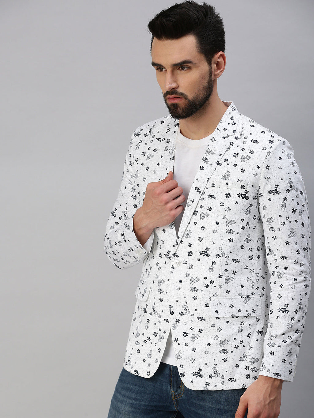 Men's White Printed Single-Breasted Party Blazer