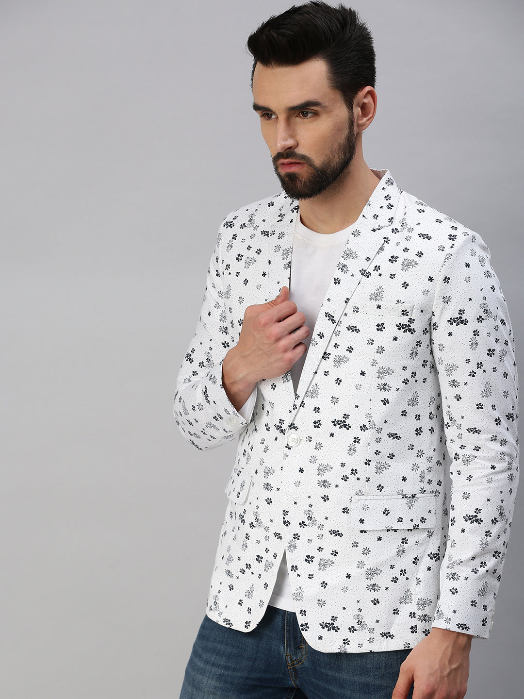 Men's White Printed Single-Breasted Party Blazer