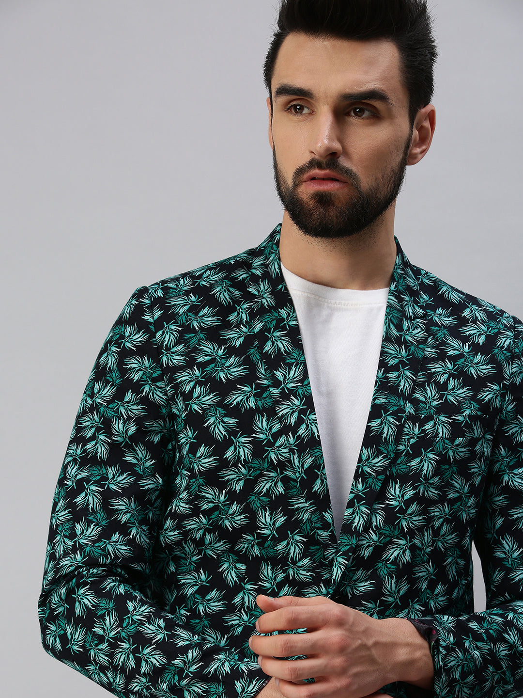 Men's Green Printed Single-Breasted Party Blazer