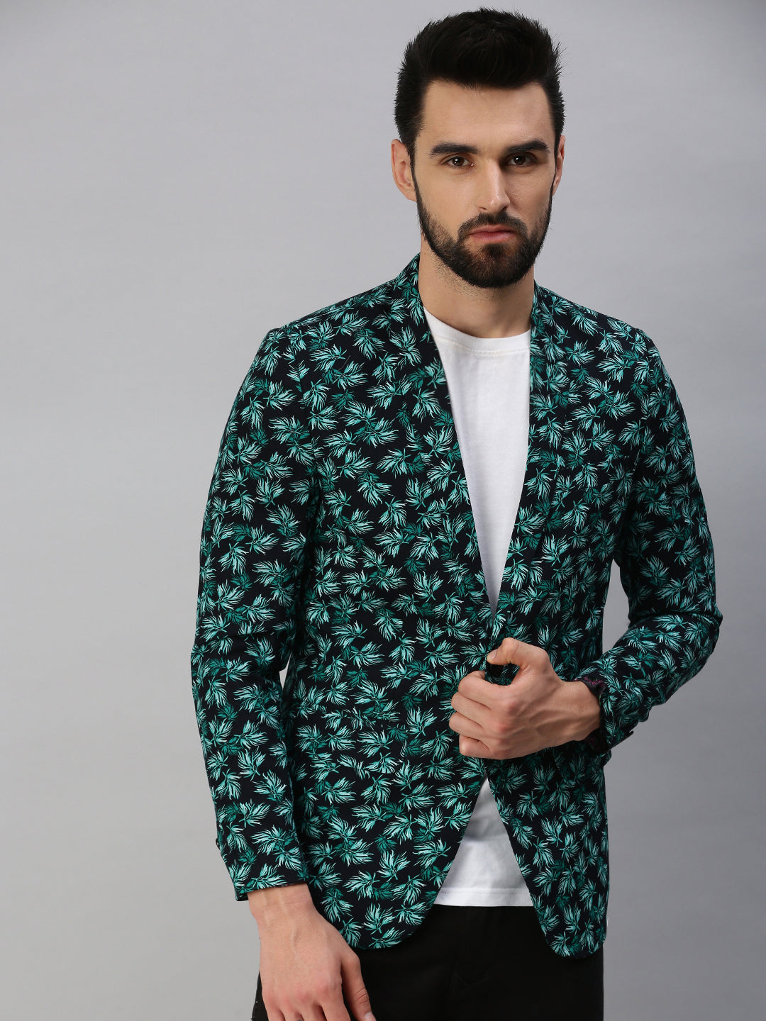 Men's Green Printed Single-Breasted Party Blazer