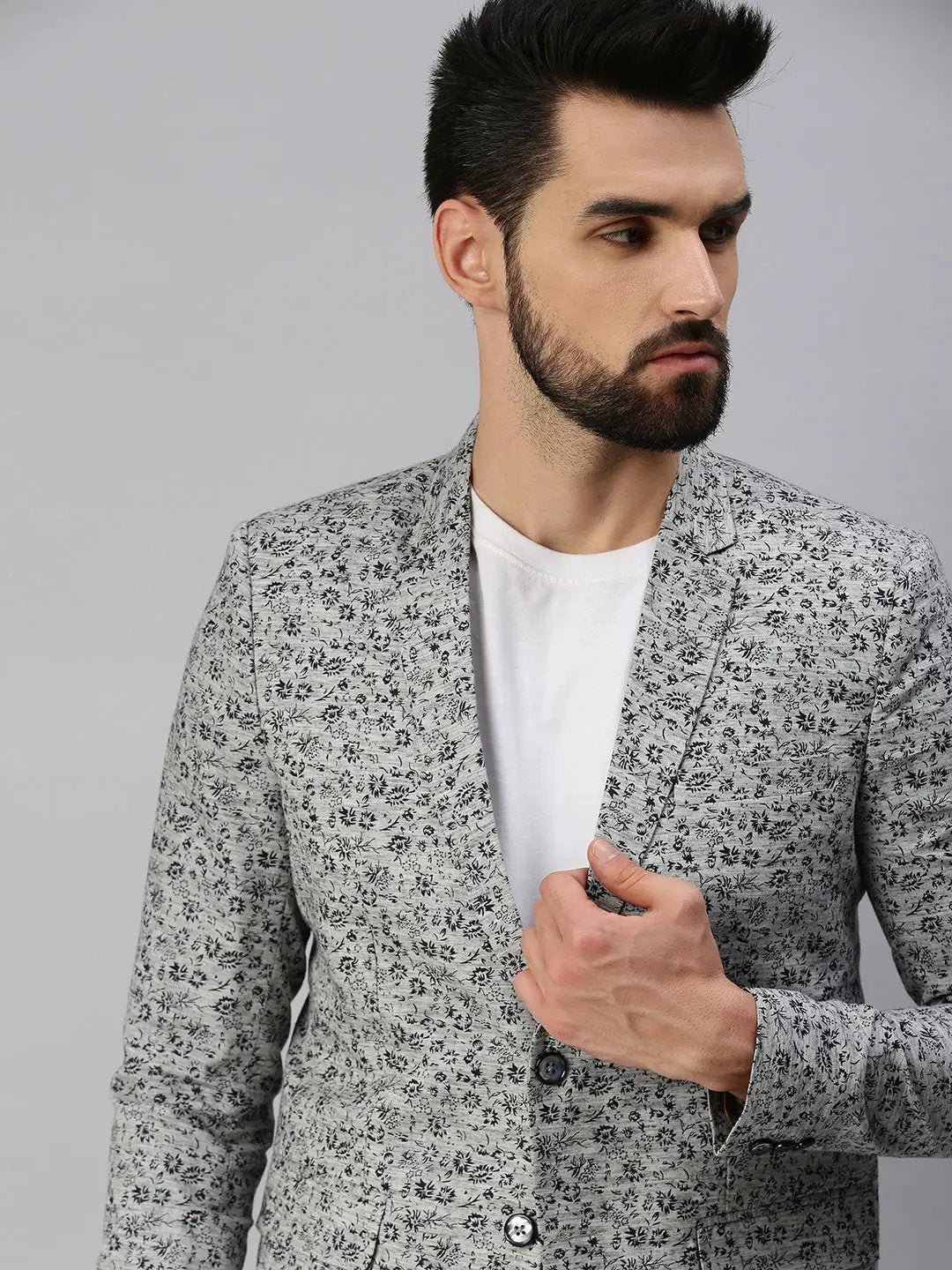 Men's Grey Printed Single-Breasted Blazers