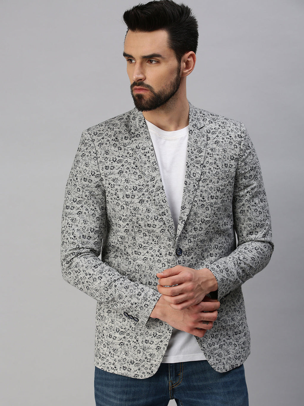 Men's Grey Printed Single-Breasted Blazers